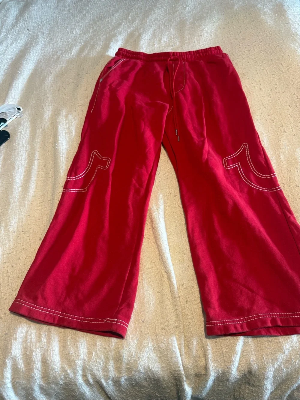 True Religion Red Sweatpants with White Contrast Stitching